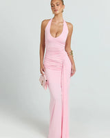 Damen Ärmelloses Maxi-Kleid mit tiefem Halter-V-Ausschnitt und Trägern mit Raffungen und offenem Rücken in Rosa