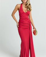 Damen Ärmelloses Maxi-Kleid mit tiefem Halter-V-Ausschnitt und Trägern mit Raffungen und offenem Rücken in Rot