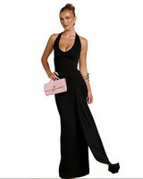 Damen Ärmelloses Maxi-Kleid mit tiefem Halter-V-Ausschnitt und Trägern mit Raffungen und offenem Rücken in Schwarz