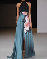 Damen Ärmelloses Maxikleid mit Neckholder-Kragen und Blumenmuster mit Seitenschlitz in Schwarz mit Blumenmuster