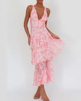 Damen Ärmelloses Maxikleid mit Tiefem V-Dekolleté Rüschenlagen und Gekreuzten Rückenträgern in Rosa