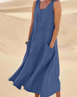 Damen Ärmelloses Midi-Kleid mit Rundhalsausschnitt und Fronttaschen in Blau