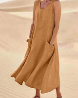 Damen Ärmelloses Midi-Kleid mit Rundhalsausschnitt und Fronttaschen in Braun