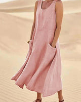 Damen Ärmelloses Midi-Kleid mit Rundhalsausschnitt und Fronttaschen in Rosa