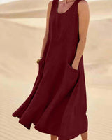 Damen Ärmelloses Midi-Kleid mit Rundhalsausschnitt und Fronttaschen in Rot