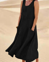 Damen Ärmelloses Midi-Kleid mit Rundhalsausschnitt und Fronttaschen in Schwarz