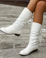 Marlene | Damen Ankle Boots Schnürstiefeletten Blockabsatz Wadenhoch in Weiß