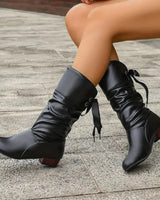 Marlene | Damen Ankle Boots Schnürstiefeletten Blockabsatz Wadenhoch in Schwarz