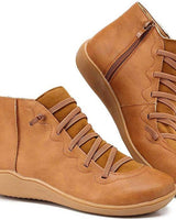 Greta | Damen Ankle Boots Schnürung Reißverschluss flache Sohle Stiefeletten in Braun
