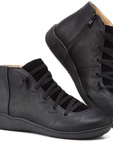 Greta | Damen Ankle Boots Schnürung Reißverschluss flache Sohle Stiefeletten in Schwarz