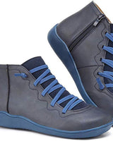 Greta | Damen Ankle Boots Schnürung Reißverschluss flache Sohle Stiefeletten in Blau