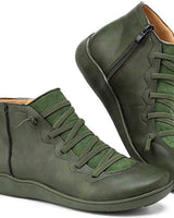 Greta | Damen Ankle Boots Schnürung Reißverschluss flache Sohle Stiefeletten in Grün
