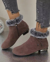 Johanna | Damen Ankle Boots Wildleder-Optik Kunstfell-Stiefeletten Blockabsatz in Braun
