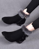 Johanna | Damen Ankle Boots Wildleder-Optik Kunstfell-Stiefeletten Blockabsatz in Schwarz