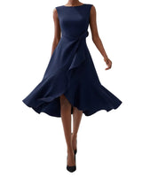 Damen Ärmelloses Midikleid mit Asymmetrischem Taillendetail und Ausgestelltem Saum in Marineblau