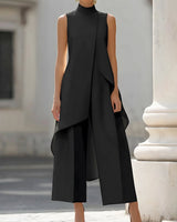 Luisa | Damen Asymmetrisches High-Neck Marlene-Hosen-Set in Black