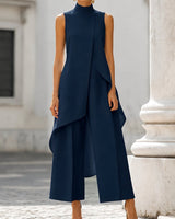 Luisa | Damen Asymmetrisches High-Neck Marlene-Hosen-Set in Navy Blue