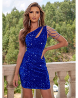 Damen Asymmetrisches Paillettenkleid mit Ein-Schulter-Ausschnitt Kettendetail und Minilänge in Blau