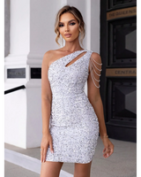 Damen Asymmetrisches Paillettenkleid mit Ein-Schulter-Ausschnitt Kettendetail und Minilänge in Weiß