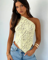 Damen Asymmetrisches Schulter-Top mit Spitzenmuster und diagonalem Saum in Gelb