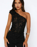 Damen Asymmetrisches Schulter-Top mit Spitzenmuster und diagonalem Saum in Schwarz