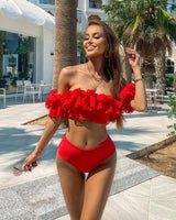 Damen Bademode Zweiteiliger Schulterfreier Bikini mit Rüschenoberteil und Hochtailliertem Unterteil in Rot