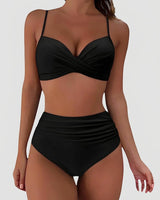 Damen-Bikini mit gekreuztem Oberteil und hoch geschnittener Hose mit Raffungen in Schwarz