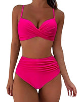 Damen-Bikini mit gekreuztem Oberteil und hoch geschnittener Hose mit Raffungen in Rosa