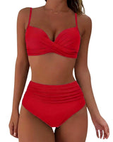 Damen-Bikini mit gekreuztem Oberteil und hoch geschnittener Hose mit Raffungen in Rot