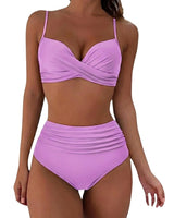 Damen-Bikini mit gekreuztem Oberteil und hoch geschnittener Hose mit Raffungen in Lila
