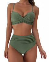 Damen-Bikini mit gekreuztem Oberteil und hoch geschnittener Hose mit Raffungen in Grün