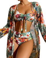Damen-Bikini-Set mit Bindedetail, High-Waist-Hose und langem Überwurf in Weiß