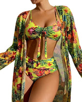 Damen-Bikini-Set mit Bindedetail, High-Waist-Hose und langem Überwurf in Grün