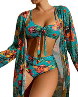 Damen-Bikini-Set mit Bindedetail, High-Waist-Hose und langem Überwurf in Blau