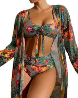 Damen-Bikini-Set mit Bindedetail, High-Waist-Hose und langem Überwurf in Grau