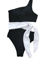 Damen-Bikini-Set mit Ein-Schulter-Oberteil und hoch geschnittener Hose mit Schleifendetail in Schwarz