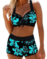 Damen-Bikini-Set mit floralem Muster, Neckholder-Oberteil und Shorts in Schwarz