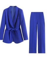 Damen Blazer- und Hosen-Set mit Bindegürtel in Blau