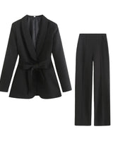 Damen Blazer- und Hosen-Set mit Bindegürtel in Schwarz