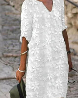 Elisabeth | Damen Blumen V-Ausschnitt Abendkleid Midi Elegant in Weiß