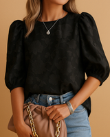Damen-Bluse mit Blumenmuster, Puffärmeln und Rundhalsausschnitt in Schwarz