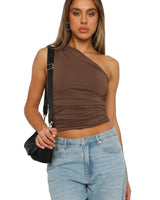 Damen-Bluse mit einseitiger Schulter und Raffungen in Braun