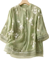 Damen Bluse mit Knopfleiste, Rundhalsausschnitt und floraler Struktur in Grün