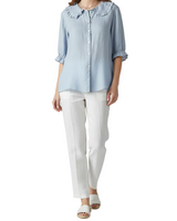 Damen Bluse mit Knopfleiste, Rundkragen und gerafften Ärmeln in Blau