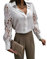 Damen-Bluse mit Knopfleiste und Ärmeln mit Durchbruchmuster in Weiß