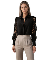 Damen-Bluse mit Knopfleiste und Ärmeln mit Durchbruchmuster in Schwarz
