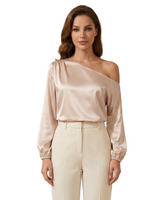 Damen-Bluse mit One-Shoulder-Ausschnitt und Ballonärmeln in Beige