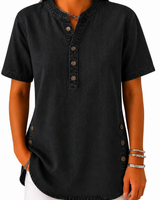 Damen Bluse mit Rundhalsausschnitt und Knopfleiste in Schwarz