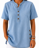 Damen Bluse mit Rundhalsausschnitt und Knopfleiste in Hellblau