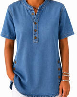 Damen Bluse mit Rundhalsausschnitt und Knopfleiste in Blau